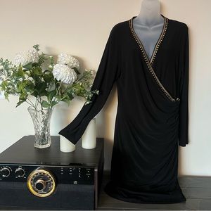 Black Frank Lyman gold stud detail stretchy black faux wrap midi dress